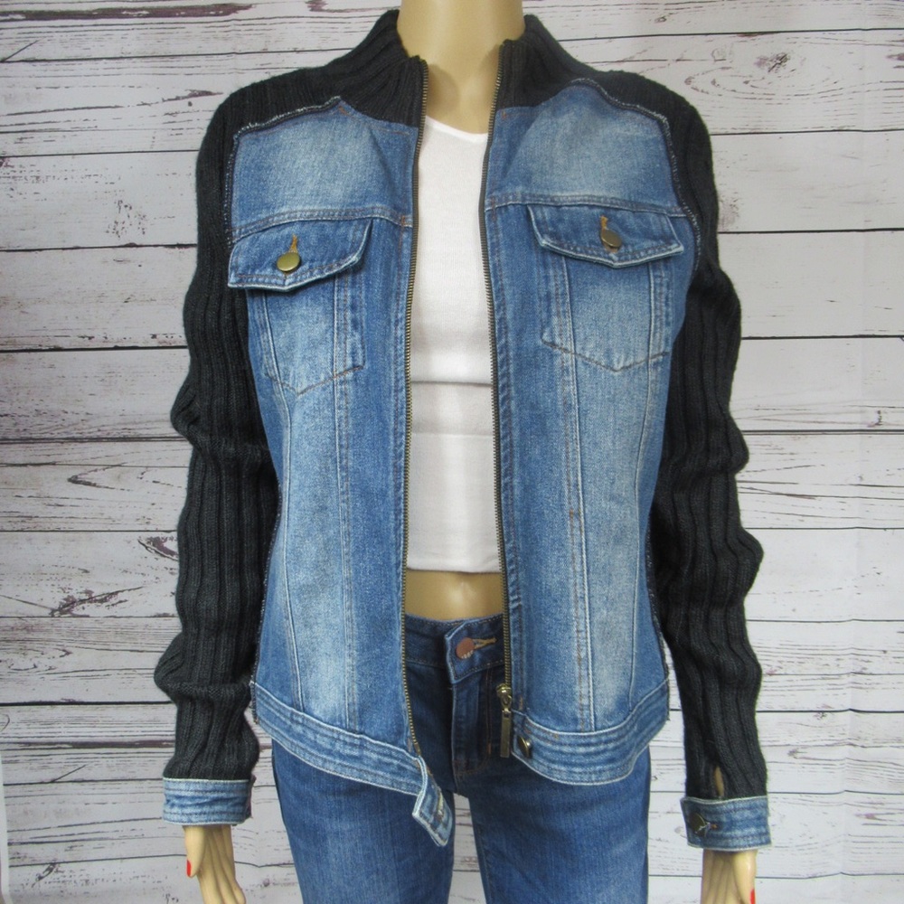 This is a denim jacket with sweater sleeves